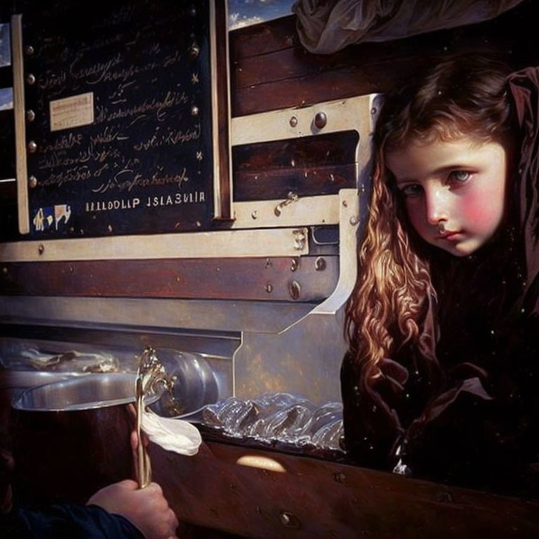 Portrait of Young Girl with Curly Hair and Hooded Cloak Next to Wooden Chest