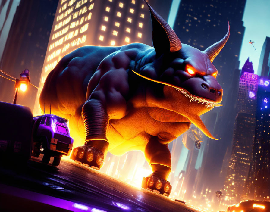 Monstrous bull with glowing eyes dominates cityscape at night