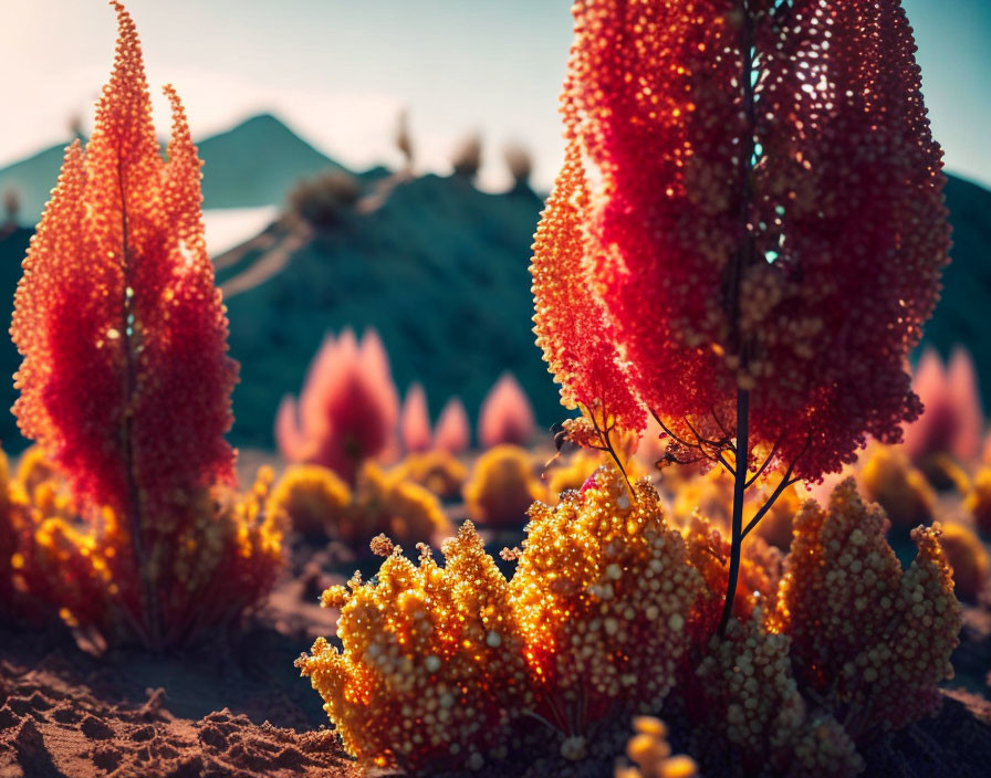 Colorful red and yellow plants with berry-like clusters in sandy dunes at dusk