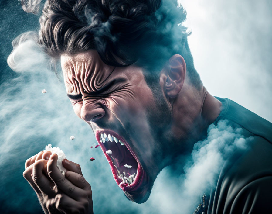 Intense screaming person with distorted face in swirling smoke