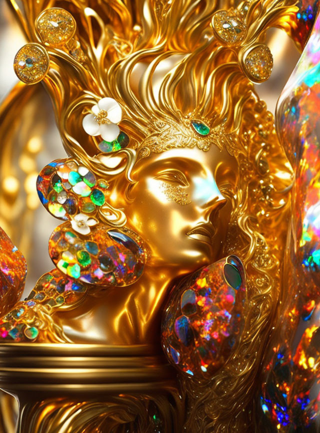 Ornate Golden Sculpture with Human Face and Gemstones