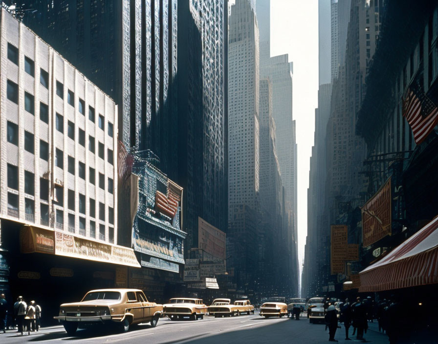 Cityscape with Yellow Taxis, Skyscrapers, and Billboards against Blue Sky