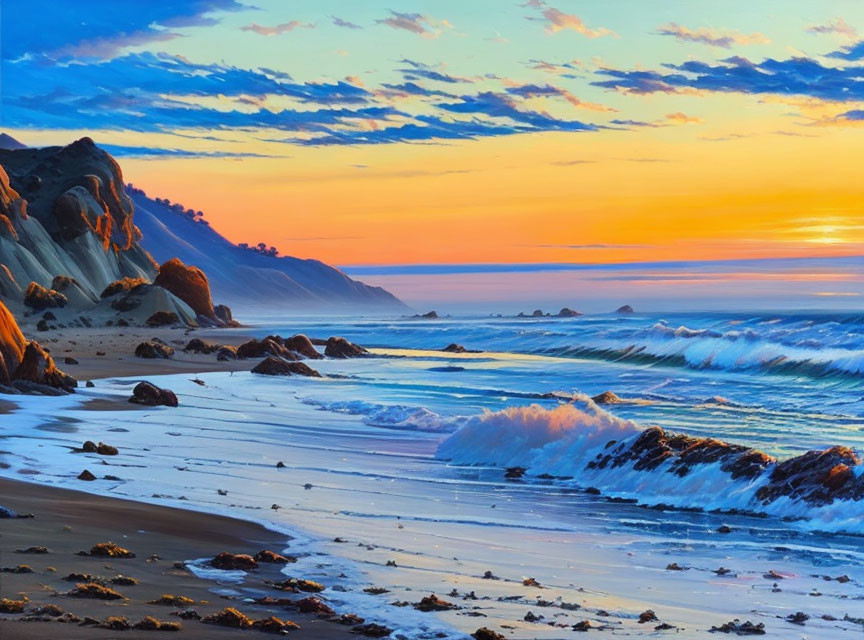 Scenic sunset beach with vibrant skies and rocky outcrops