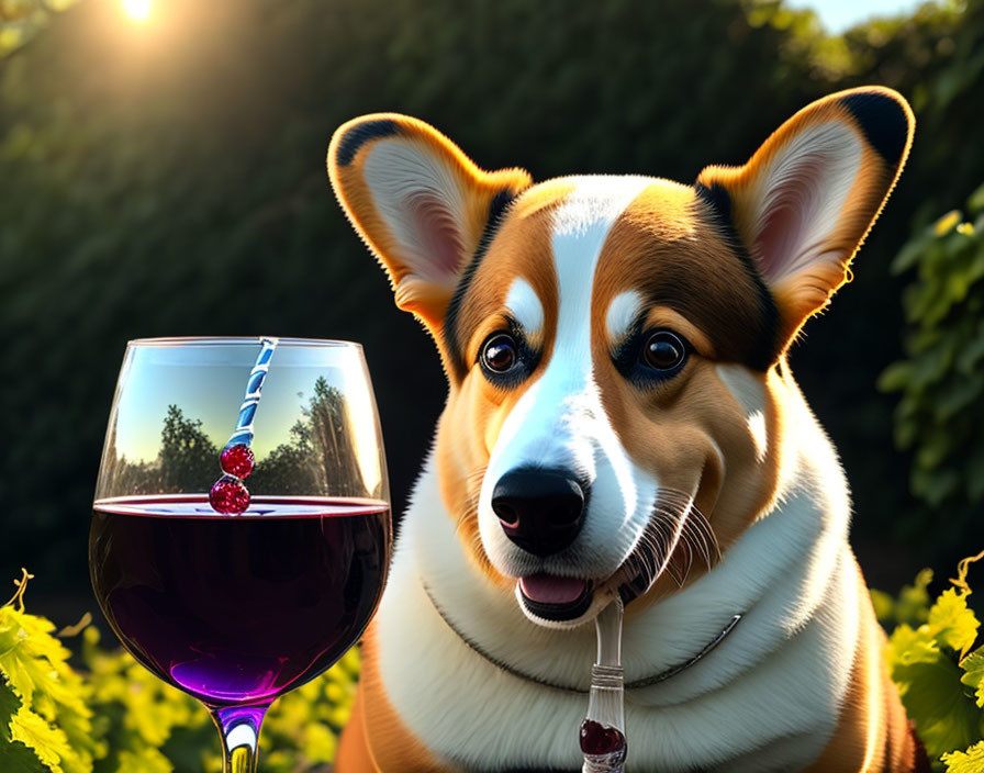 Curious Corgi Dog with Wine Glass and Berry Outdoors