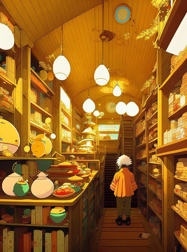 Child in Cozy Bookstore with Towering Shelves and Whimsical Creatures