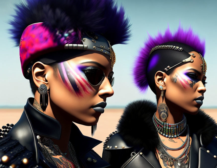 Colorful Mohawk Punk Fashion on 3D Characters in Desert