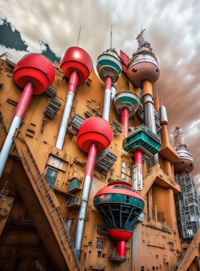 Futuristic dystopian structure with red and green spherical pods against dynamic sky