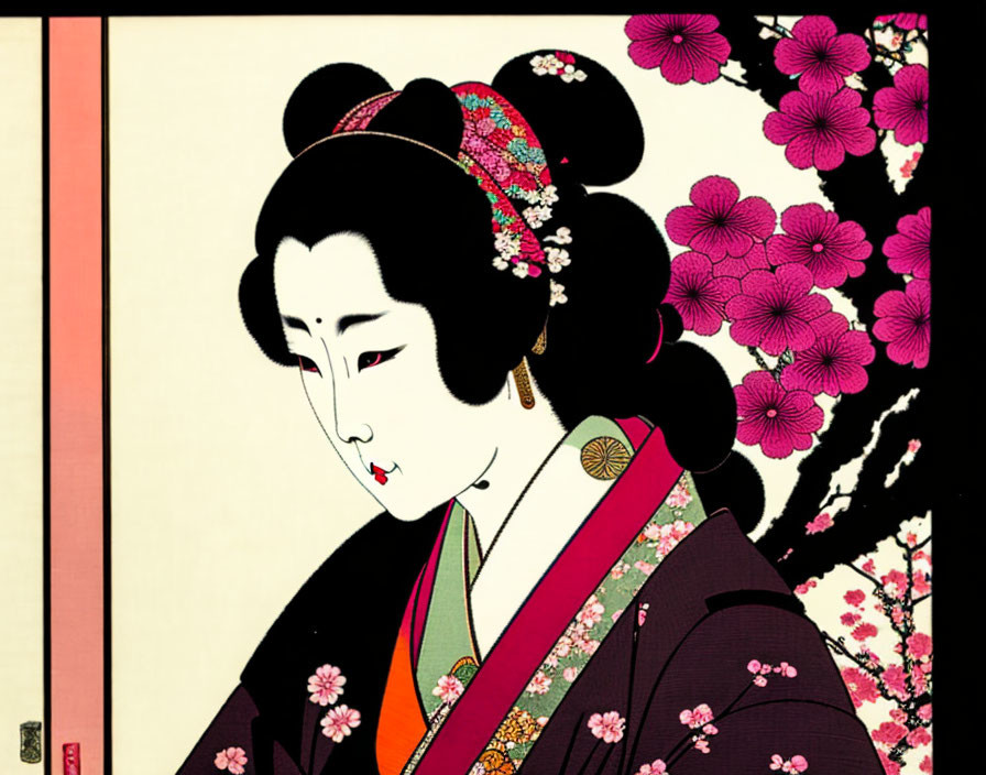 Japanese woodblock print: Geisha in kimono with elaborate hairstyle among pink blossoms