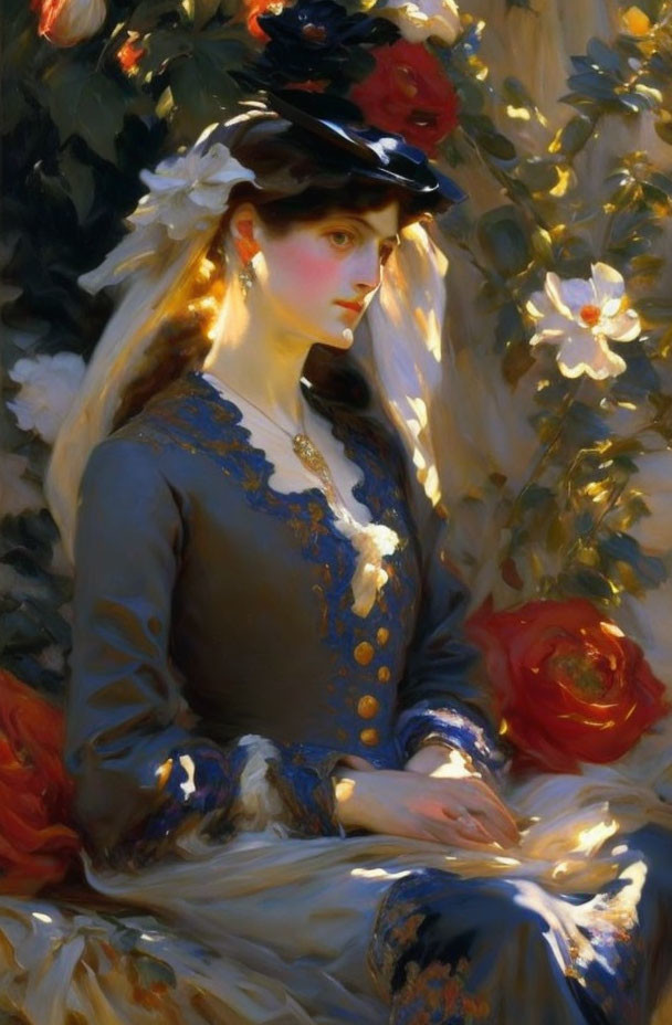 Elegant woman in blue dress and black hat amidst sunlit flowers