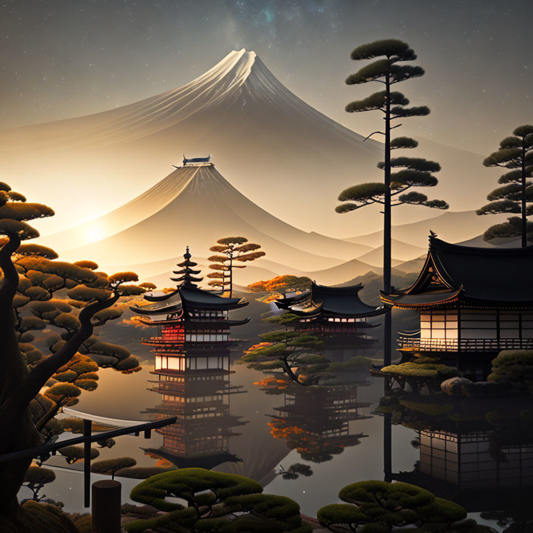 Traditional Pagoda, Lake, Trees, and Mount Fuji at Dusk