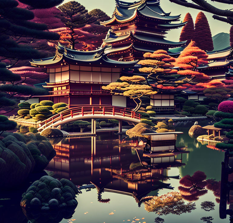 Japanese Garden with Red Bridge, Pagoda, and Reflecting Pond at Dusk