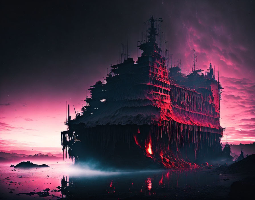 Abandoned shipwreck in icy waters under purple sky with glowing fissure