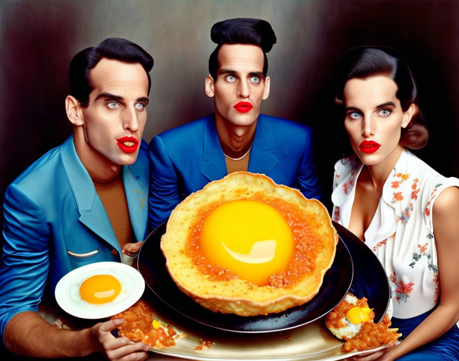 Three individuals with exaggerated makeup and red lips holding plates of eggs on blue background