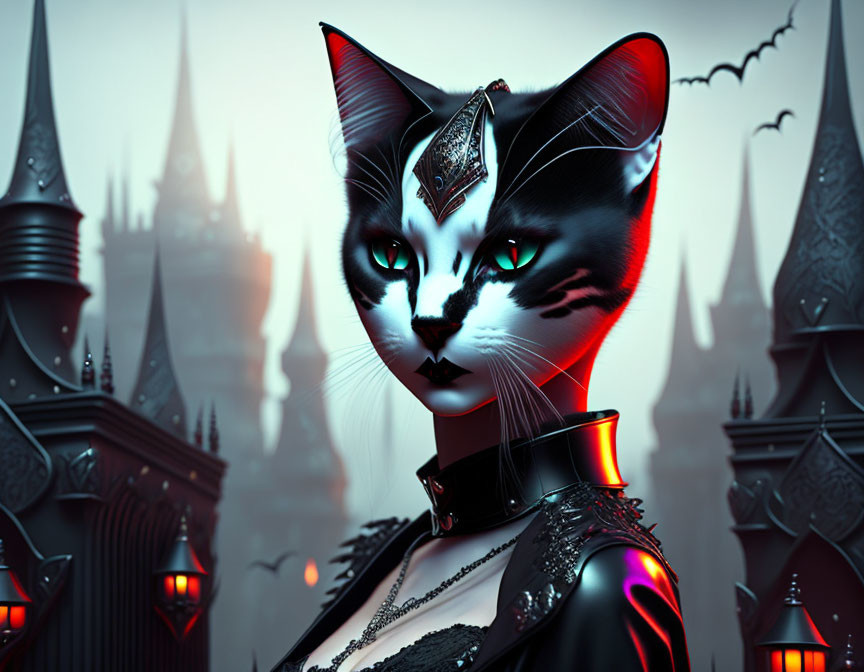 Stylized anthropomorphic cat in medieval armor against gothic castle