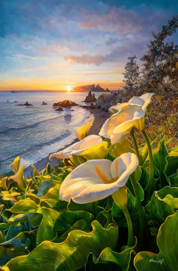 Tranquil beach sunset with calla lilies, golden water, and scattered rocks