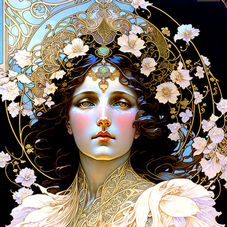 Illustrated Woman with Golden Headpiece and Art Nouveau Style