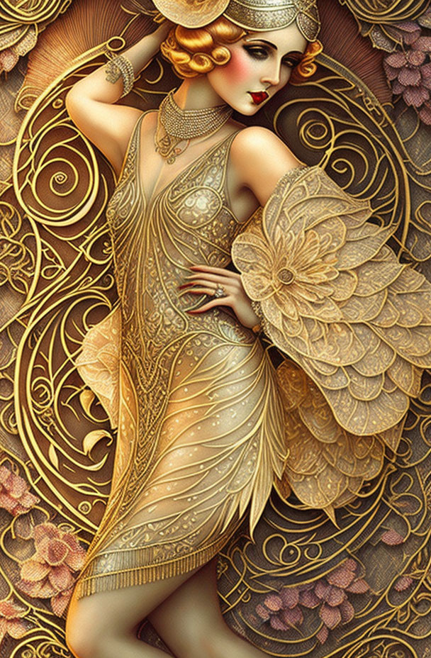 Art Nouveau-inspired image of elegant woman with golden ornamental patterns