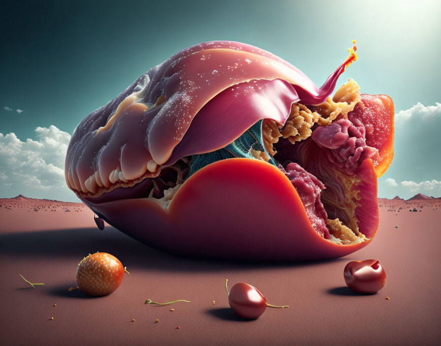 Surreal image of giant sliced fruit with human-like organs in desert landscape