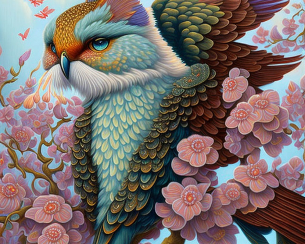 Majestic bird illustration with owl and hawk features perched among pink flowers