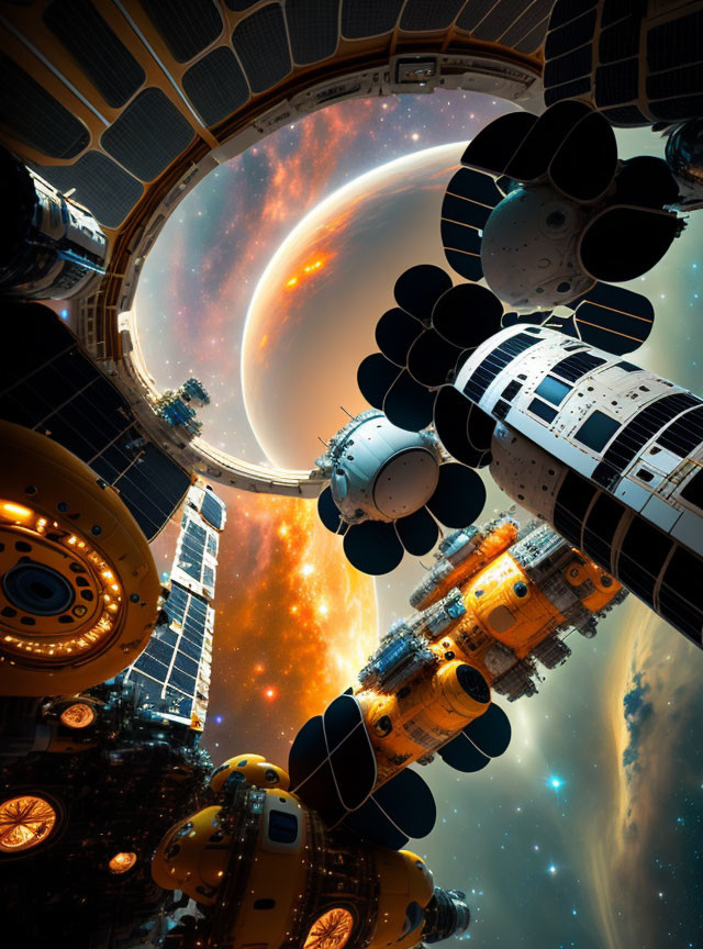 Futuristic space station orbits planet with rings in starry setting