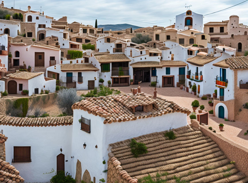 Traditional Mediterranean village with terracotta rooftops and church tower.