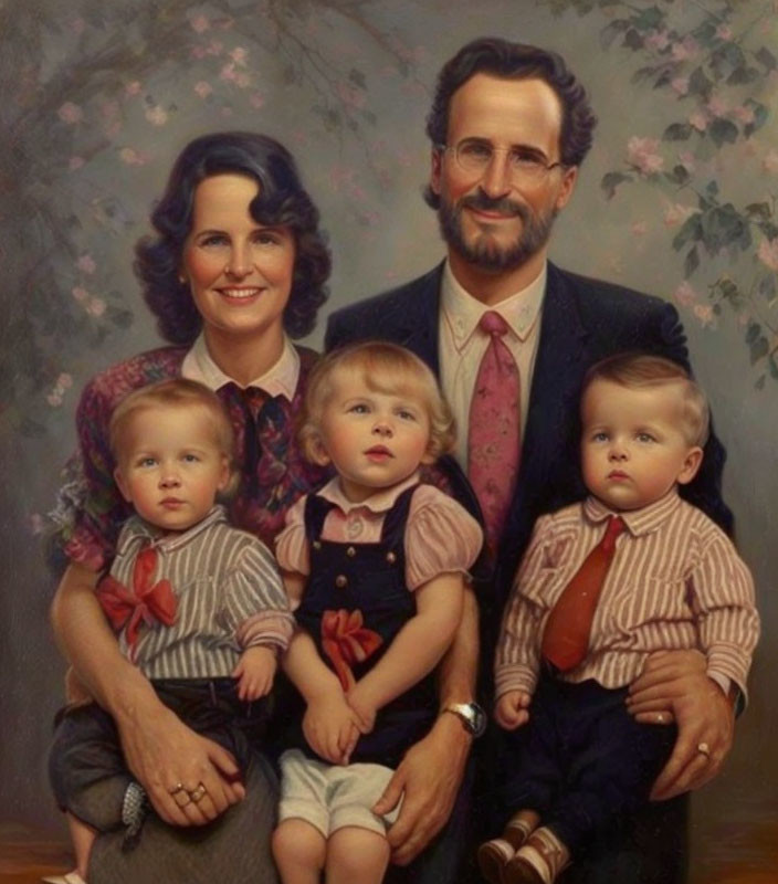 Family Portrait with Two Adults and Three Toddlers Smiling in Vintage Style