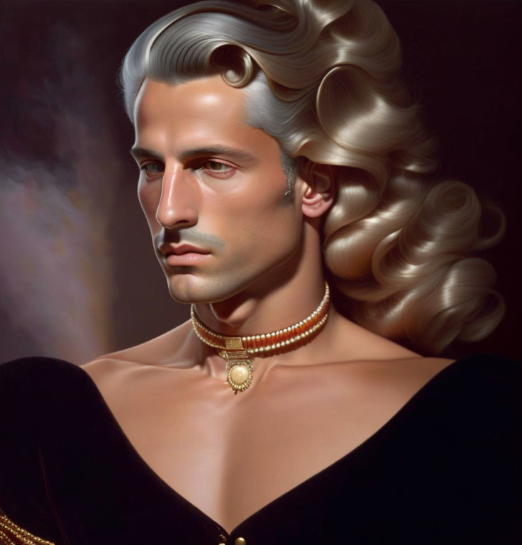 Portrait of a person with silver hair, gold choker, and piercing gaze