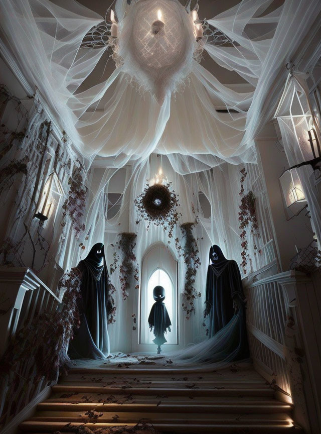 Eerie hallway with cobwebs, floating candles, cloaked figures, and mysterious silhouette