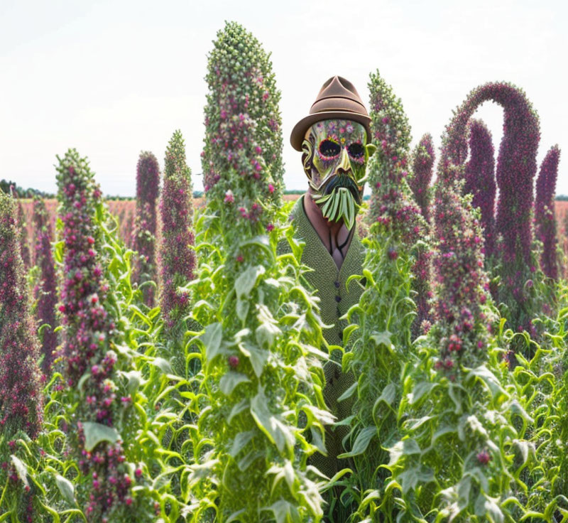 Person in Brown Hat and Sunglasses Peeking Through Flowering Plants