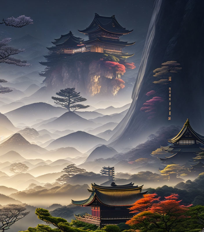 Japanese Pagodas in Misty Mountains with Waterfall and Autumn Foliage