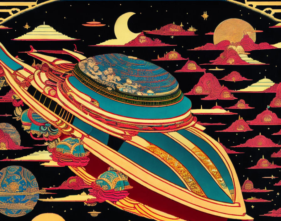 Colorful retro-futuristic spaceship in cosmic space scene with stars and planets