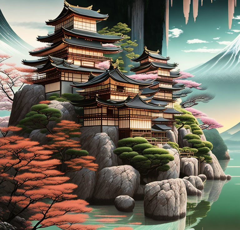 Japanese pagoda surrounded by cherry blossoms and mountains on serene digital art