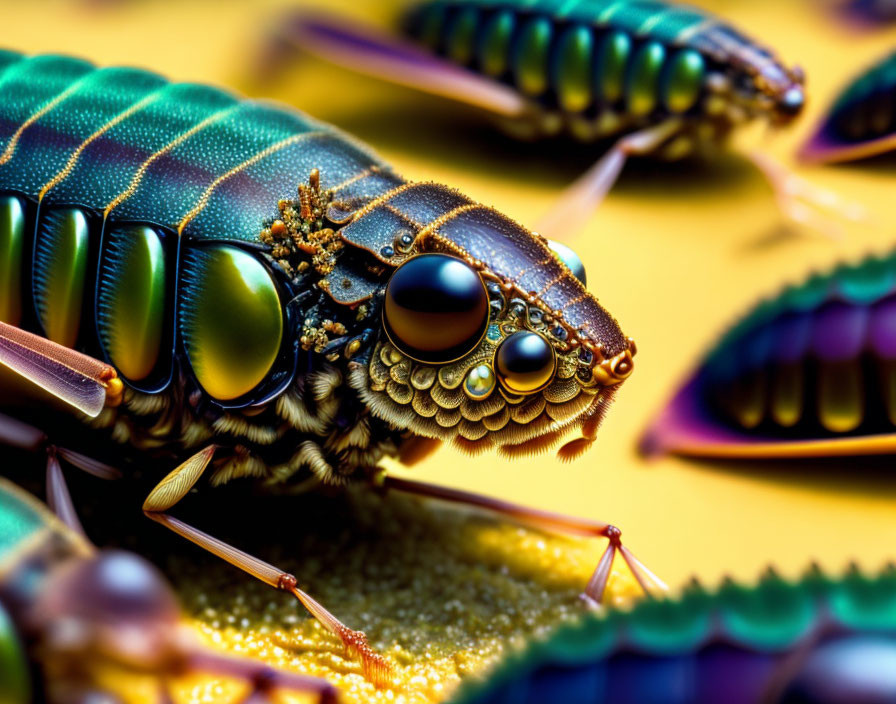 Detailed Close-Up of Vibrant Horsefly with Green Eyes on Yellow Background