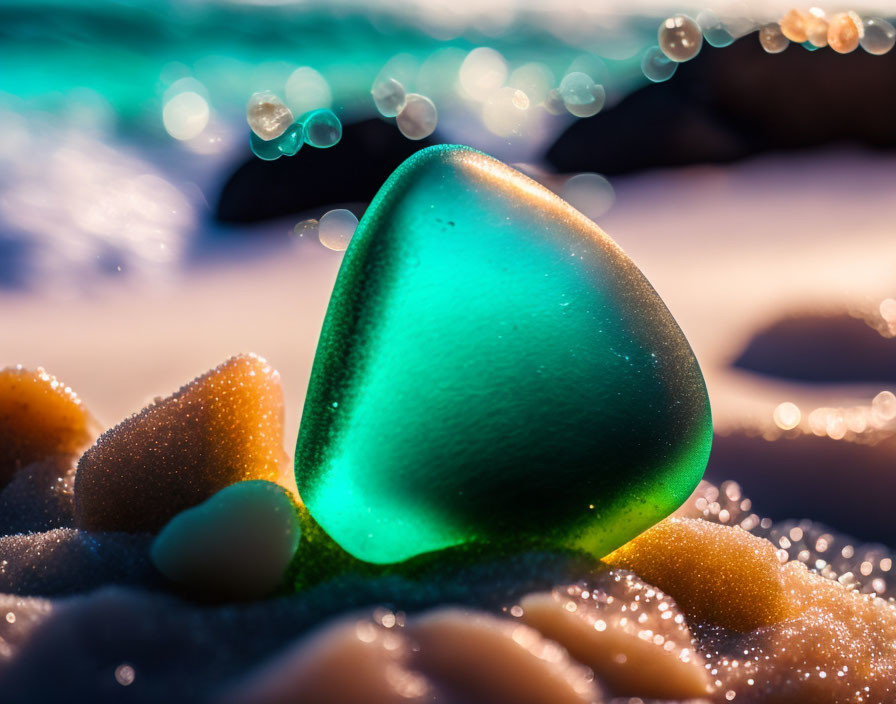 Smooth Green Sea Glass Piece on Sandy Beach with Bubbles and Sunlight