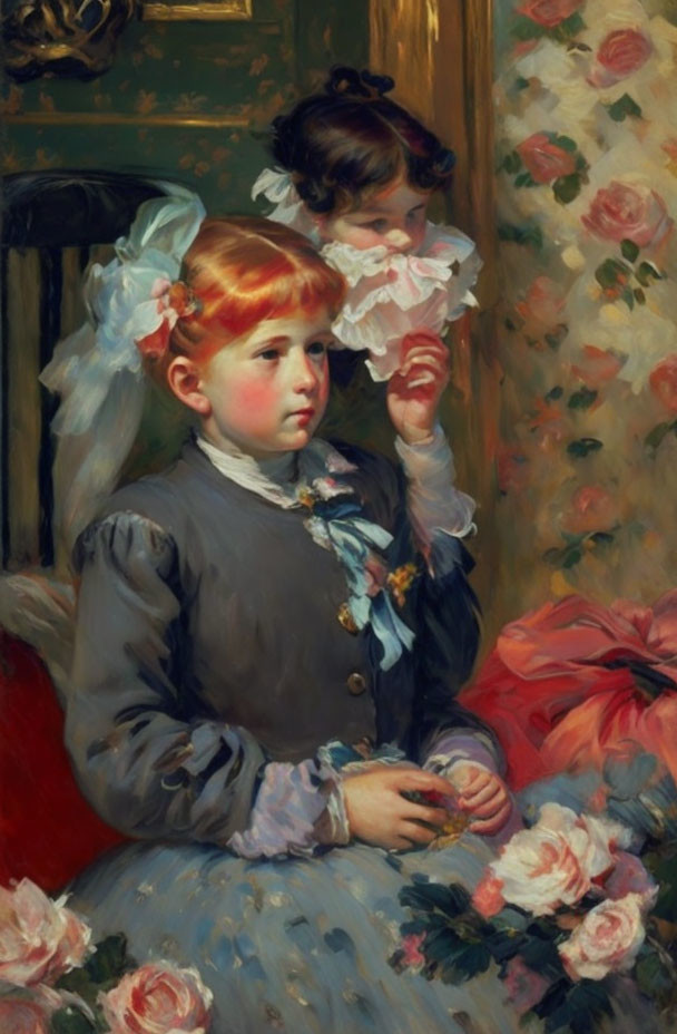 Vibrant oil painting featuring two young girls among roses