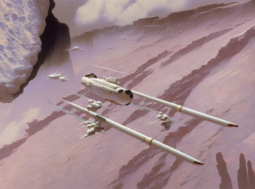 Futuristic spacecrafts above canyon with pink sky