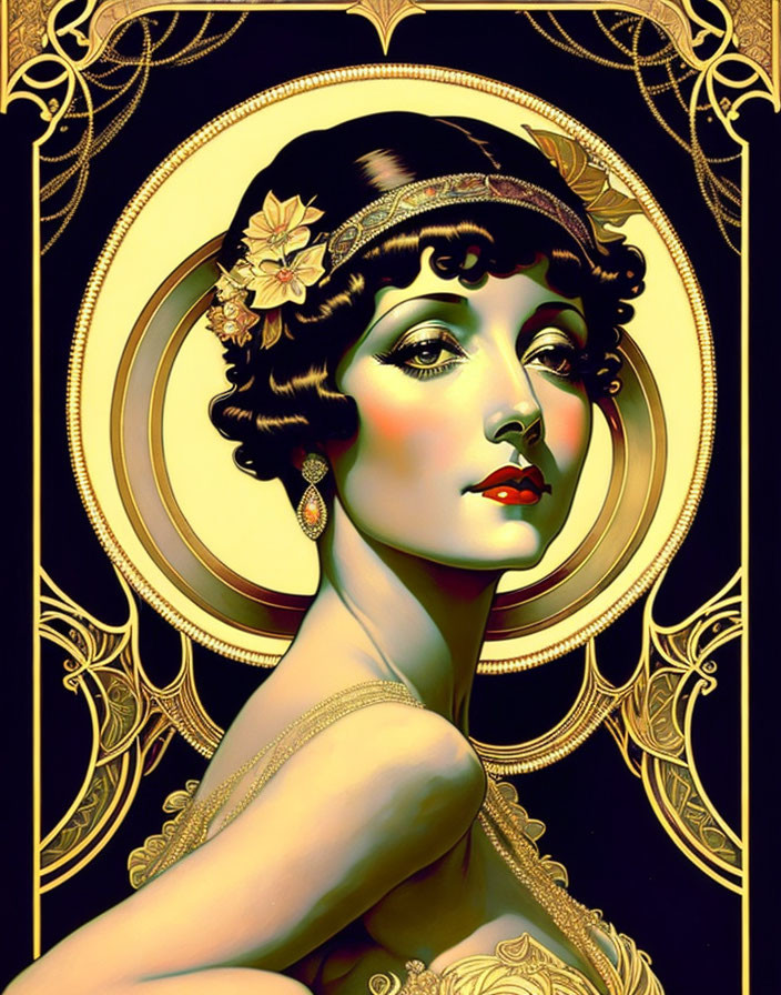 Vintage Art Deco Portrait: Woman with Headband and Floral Accessory