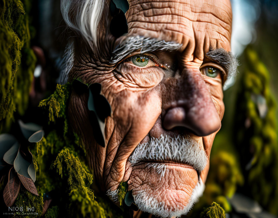 Elderly man's face with deep wrinkles and white beard, surrounded by green foliage.