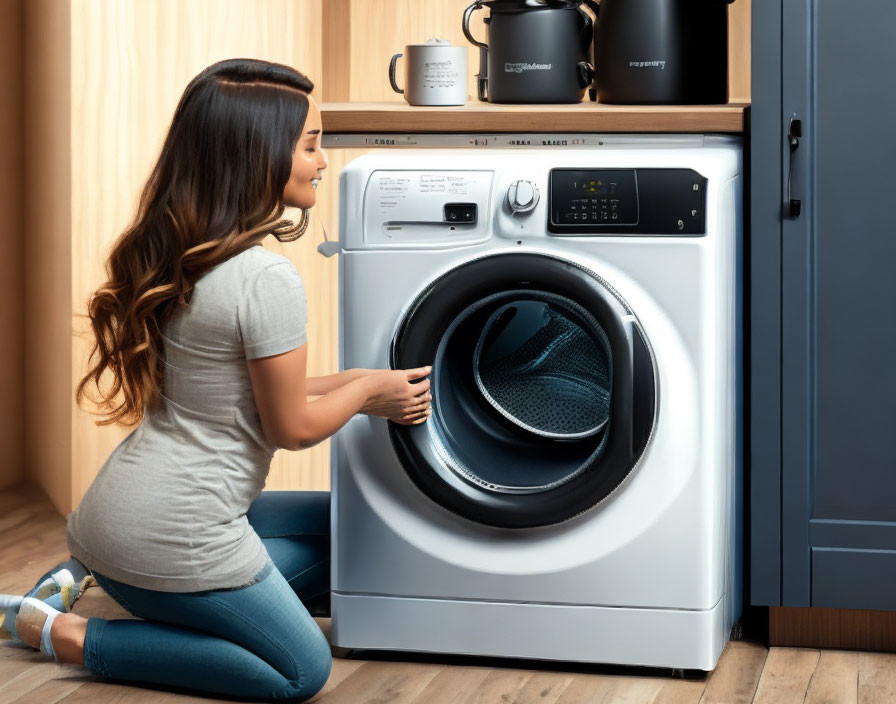 Woman kneeling loading clothes into front-load washing machine in modern kitchen.