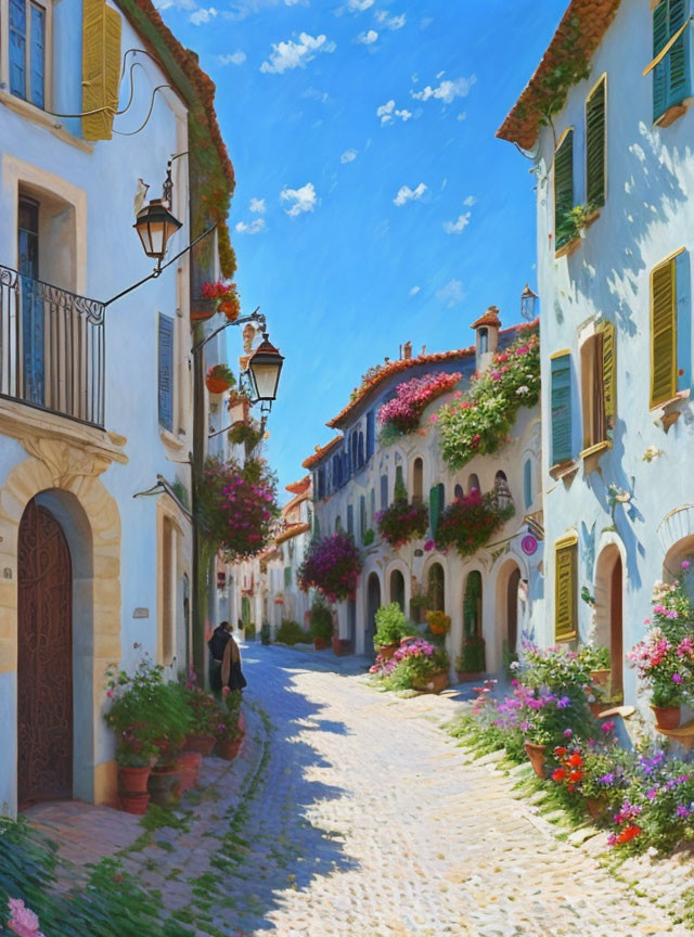 Colorful cobblestone street with quaint houses and flowers under blue sky