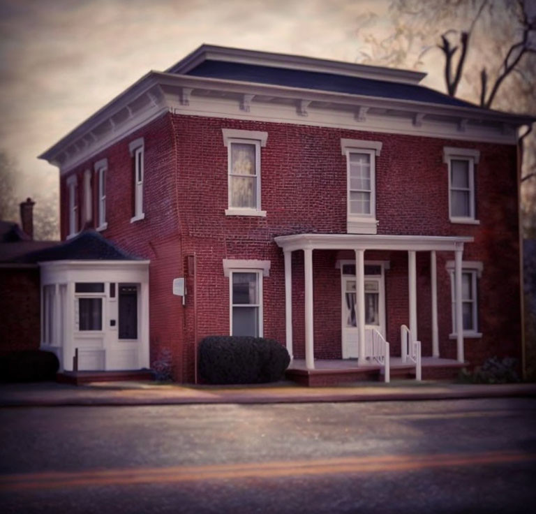 Red brick two-story house with white trim and porch at twilight.