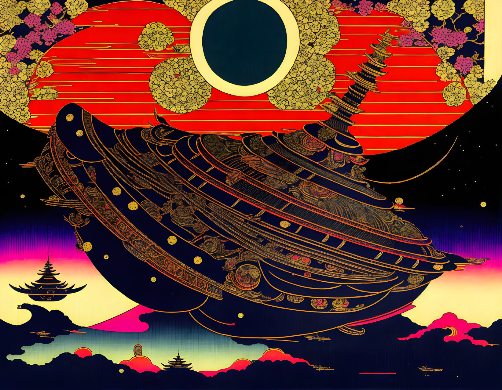 Colorful artwork: traditional and sci-fi elements in ship sailing through red-striped sky with Asian-inspired architecture