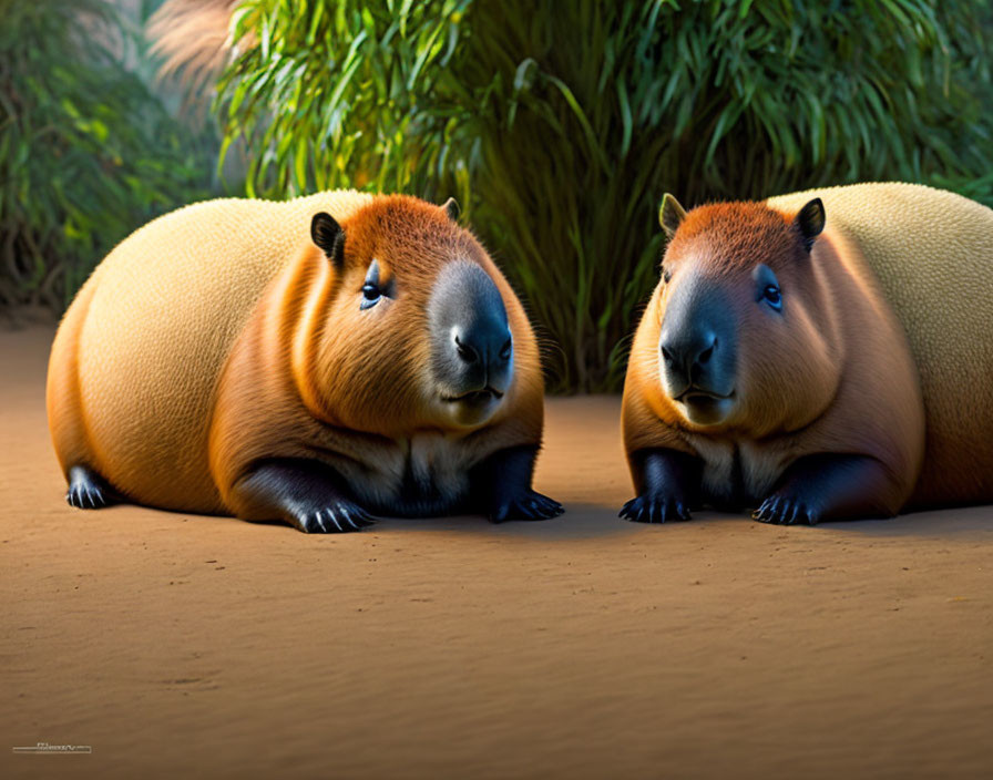 Two Capybaras Resting Serenely in Green Foliage