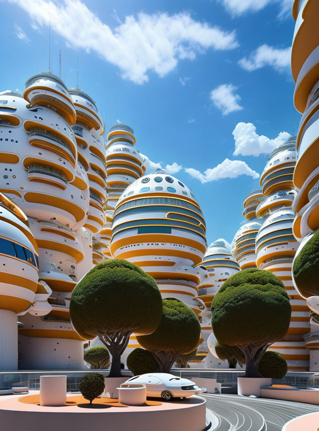 Futuristic cityscape with circular white and orange buildings under clear blue sky