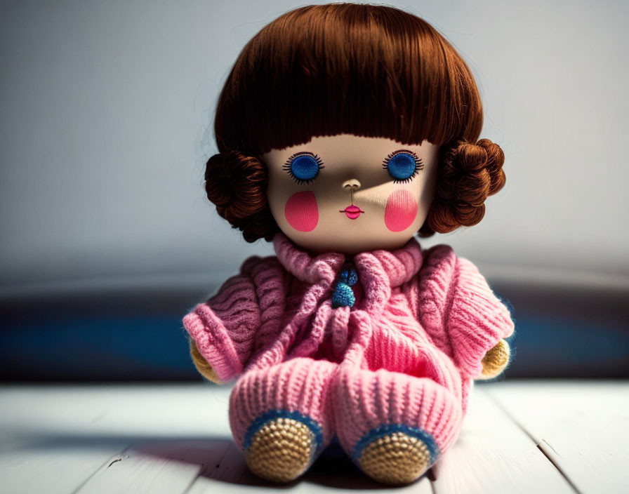 Brown-haired porcelain doll in pink outfit against soft-lit backdrop