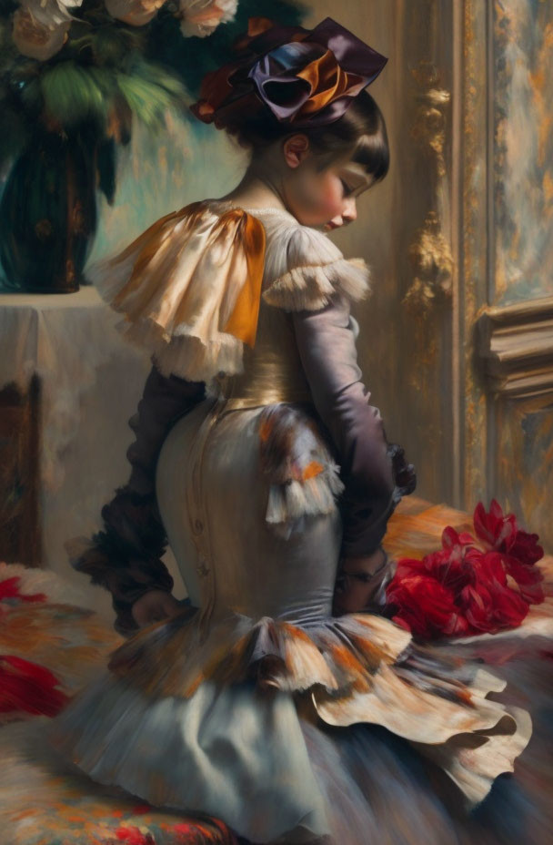 Young girl in vintage dress with bow, beside red flowers and artwork