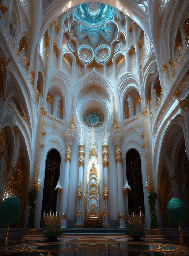 Ornate cathedral interior with white and gold arches and blue ceiling