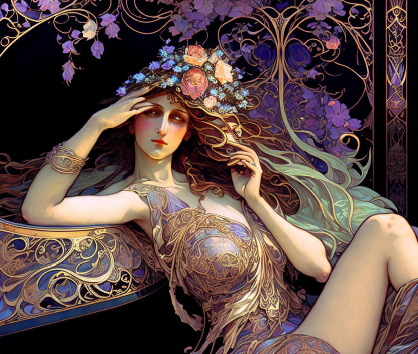 Detailed Art Nouveau Woman Illustration with Floral Wreath