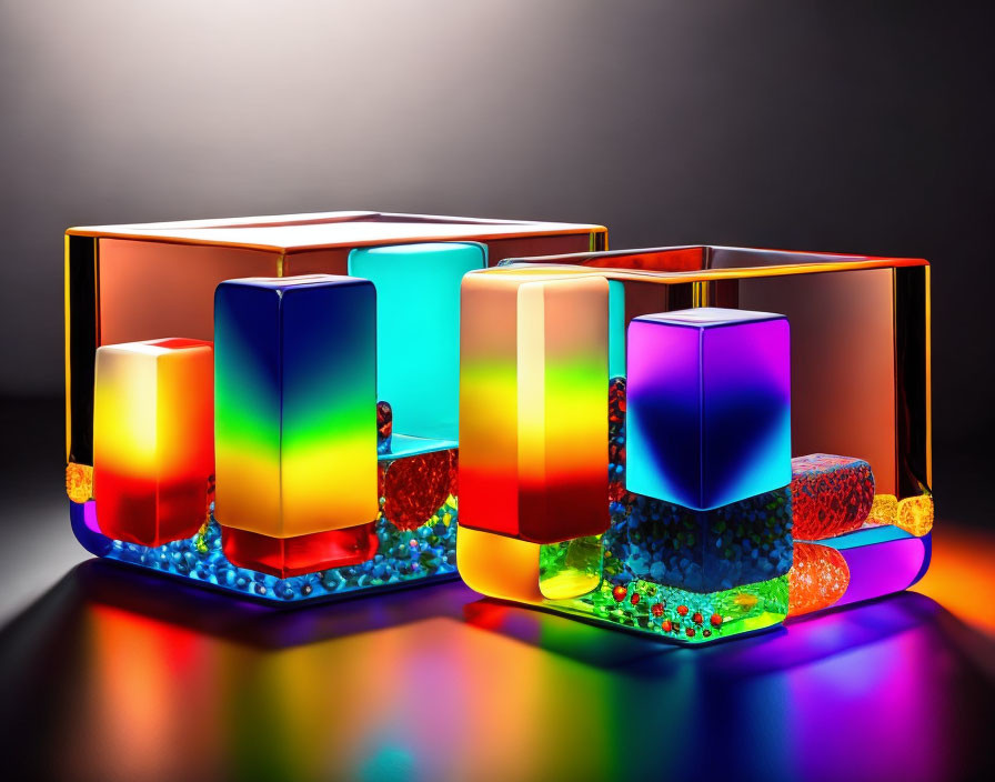 Vibrant glass blocks and spheres with refractive effect on glossy surface