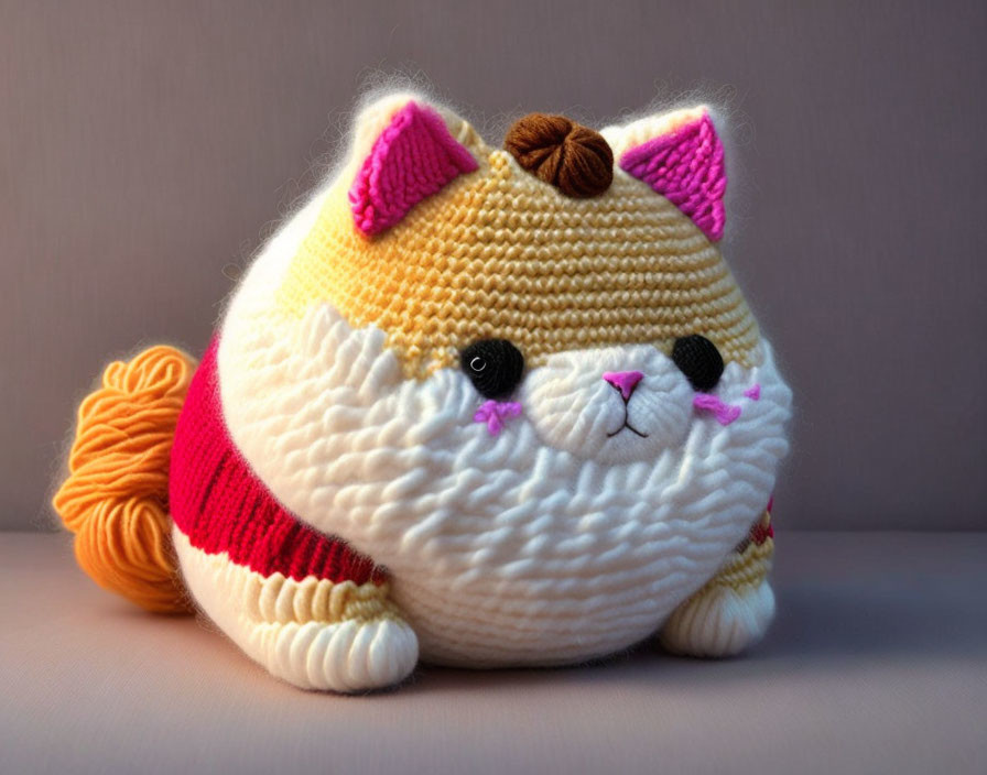 Colorful Cat Plush Toy with Yarn Ball on Gradient Background